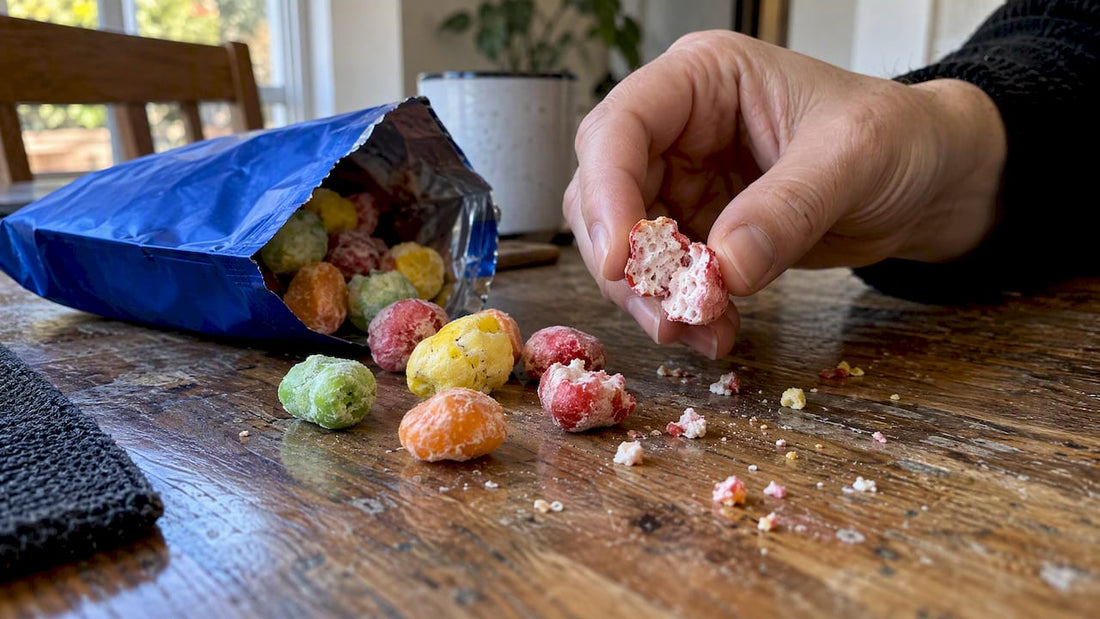 Hand breaking crisp freeze-dried candy at home