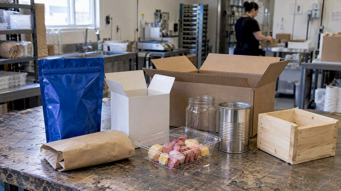 Snack packaging material samples on a workbench