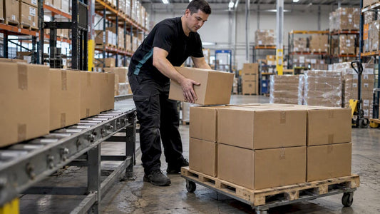 Operator moving cartons through a candy warehouse