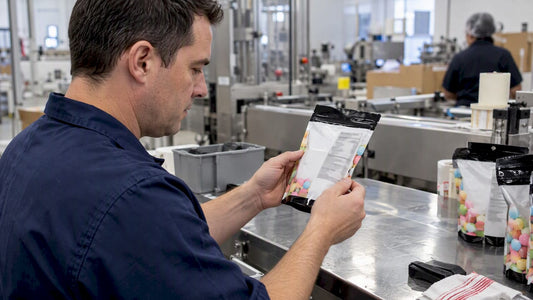 Technician checking a candy pouch ingredient panel